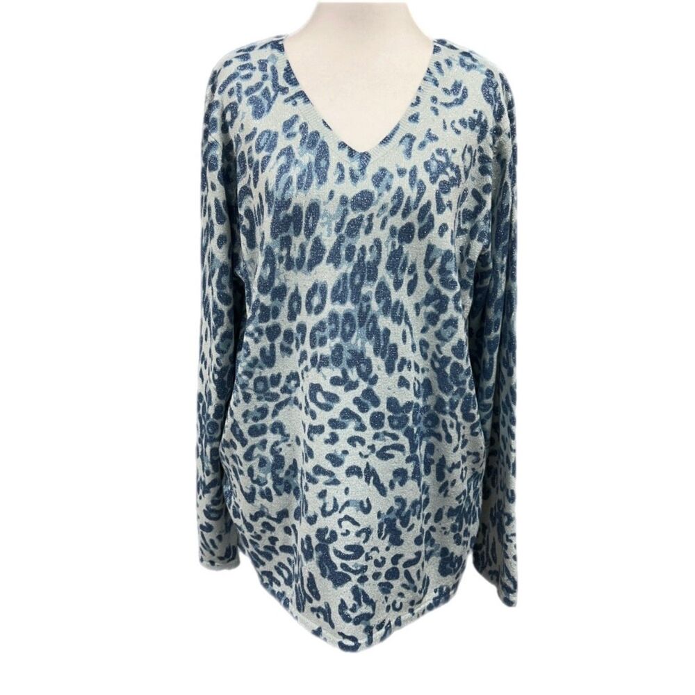 Susan Graver Shimmer Leopard Print V Neck Sweater Sz L Blue